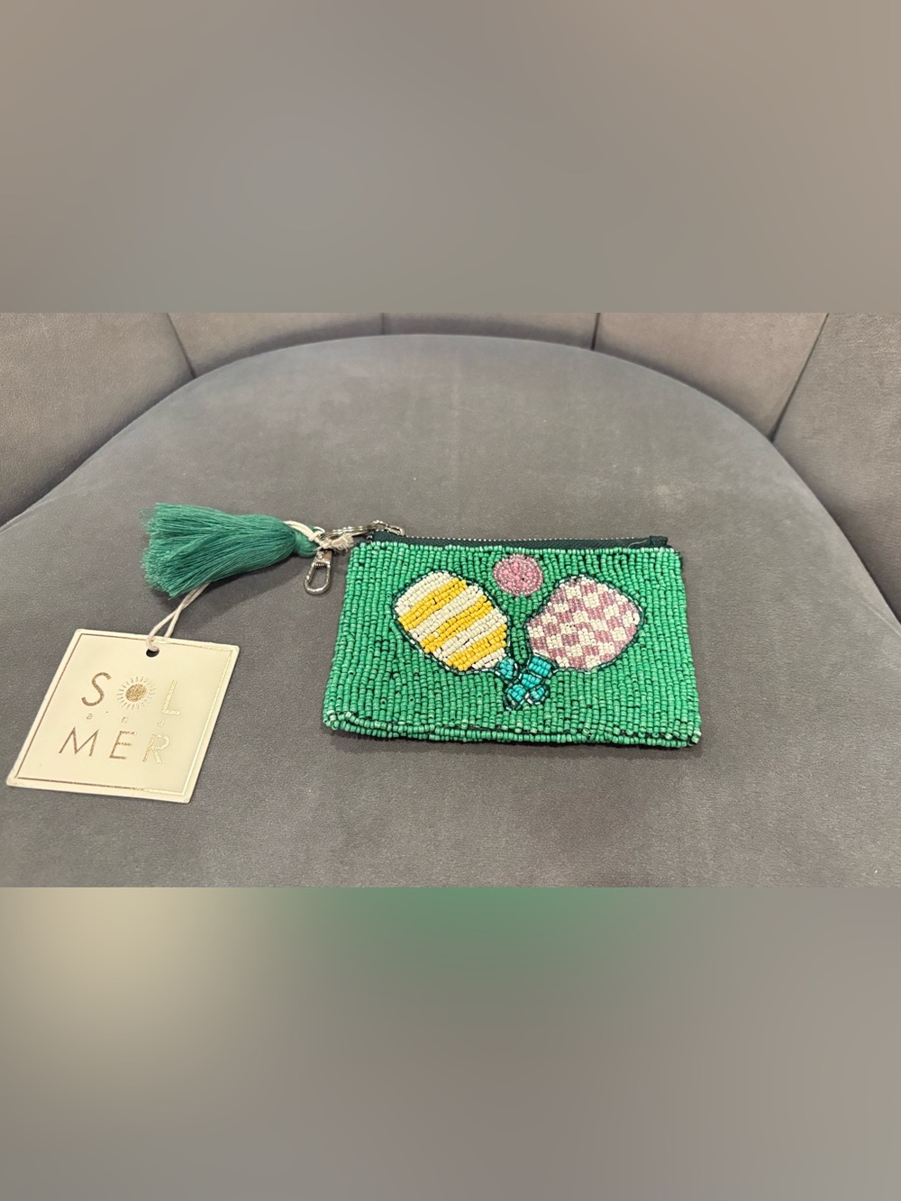Hand Beaded Green Beaded Coin Pouch with Tassel and Key Latch